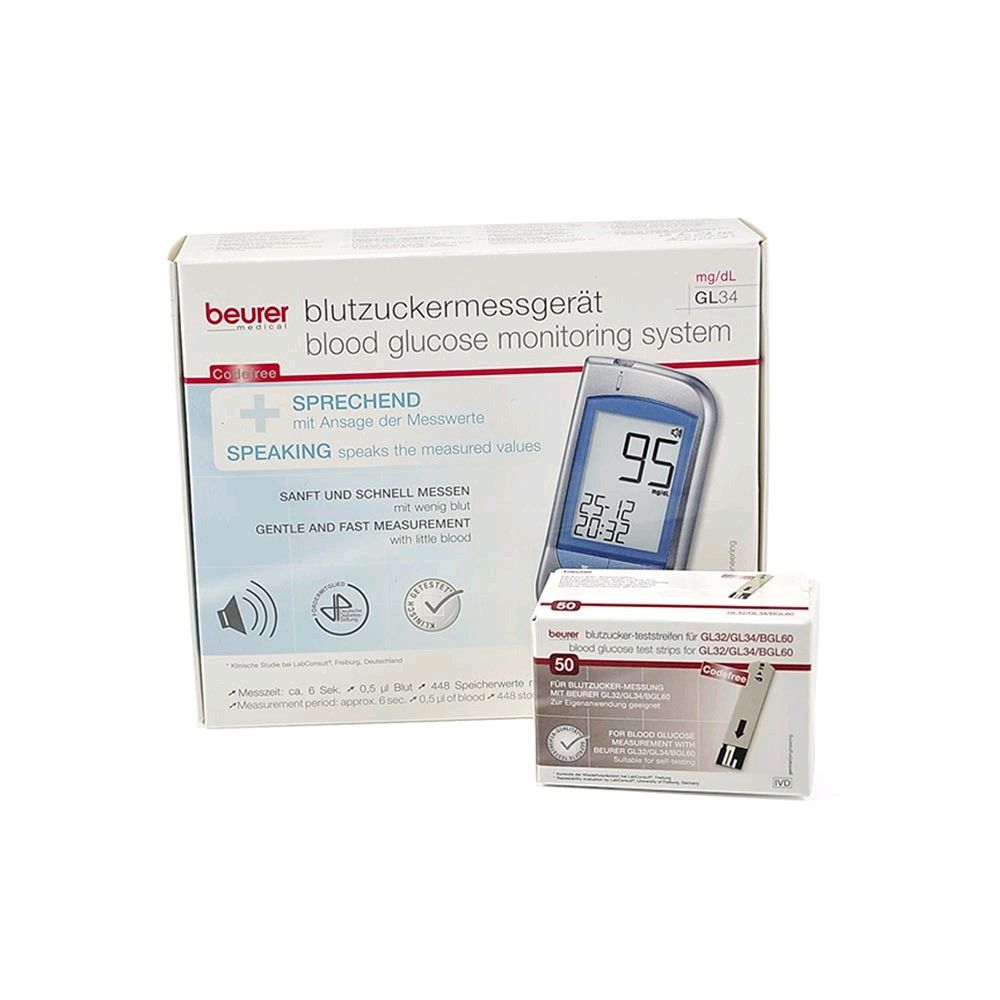 Blood Sugar Meter GL 34 by Beurer, mg/dl, including 50 test stripes